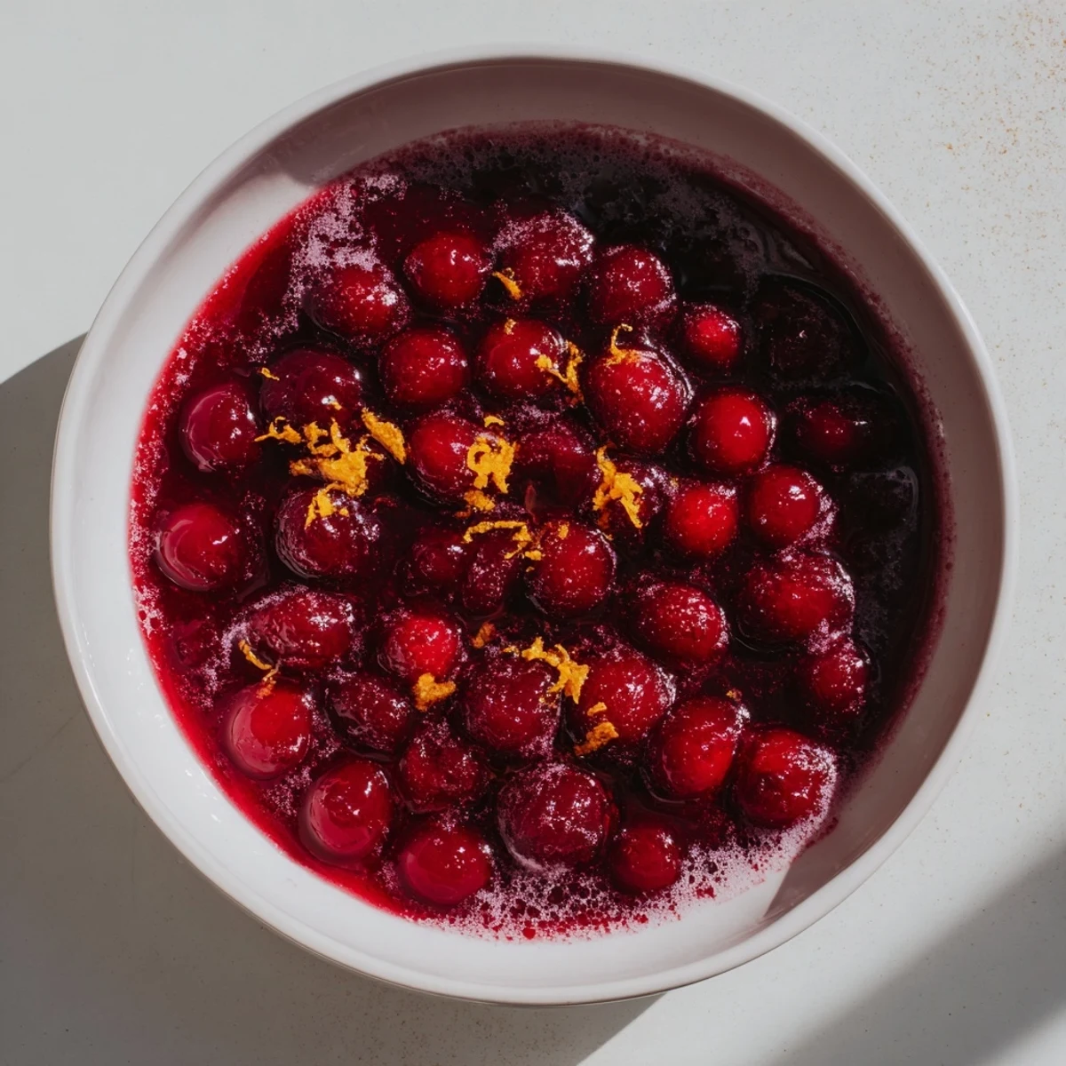 Glossy red homemade cranberry sauce in a white serving bowl, garnished with fresh orange zest