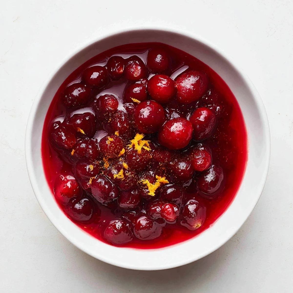 Golden table setting featuring a glass bowl of ruby red homemade cranberry sauce with herbs