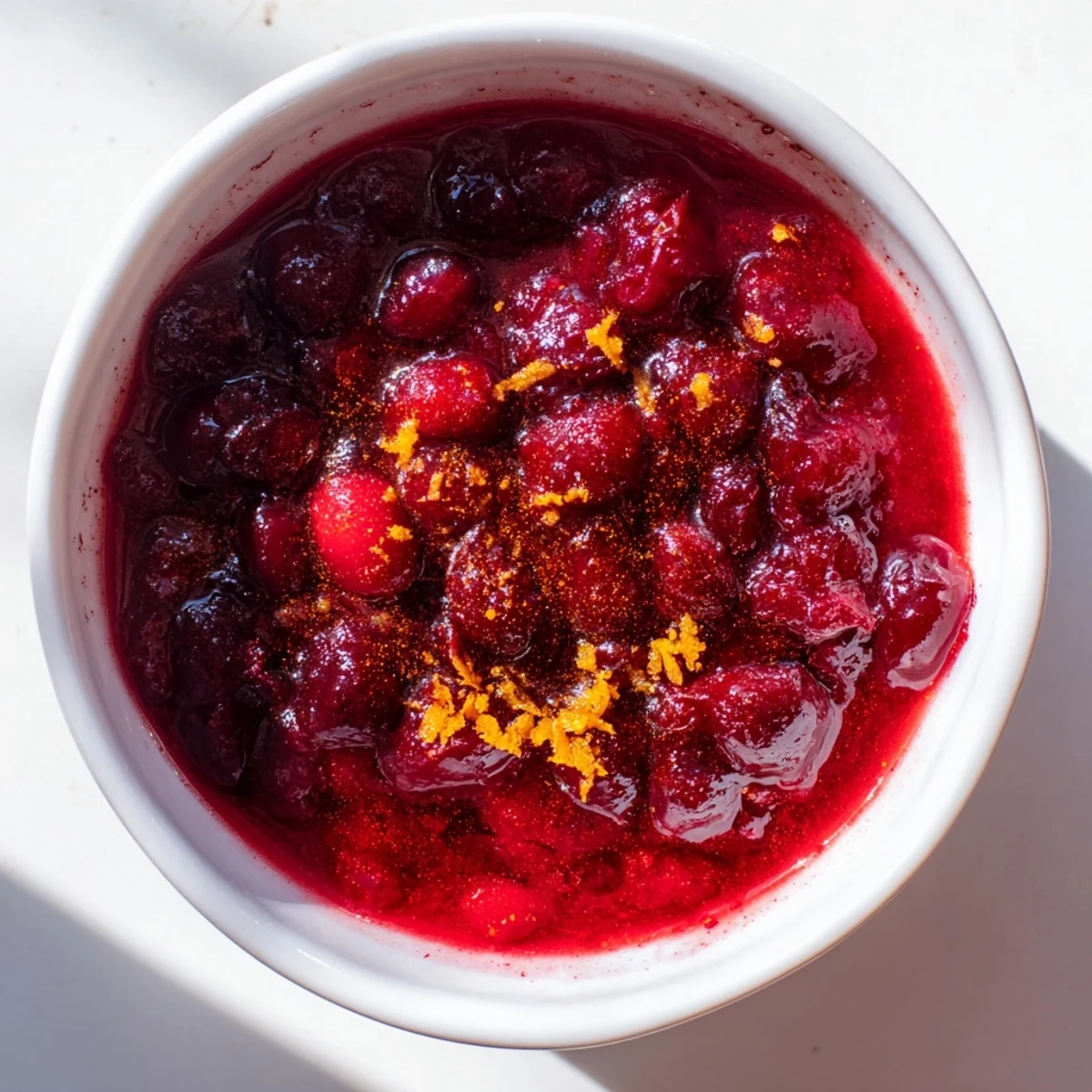 Spoonful of vibrant homemade cranberry sauce glistening on a vintage ceramic plate beside whole cranberries