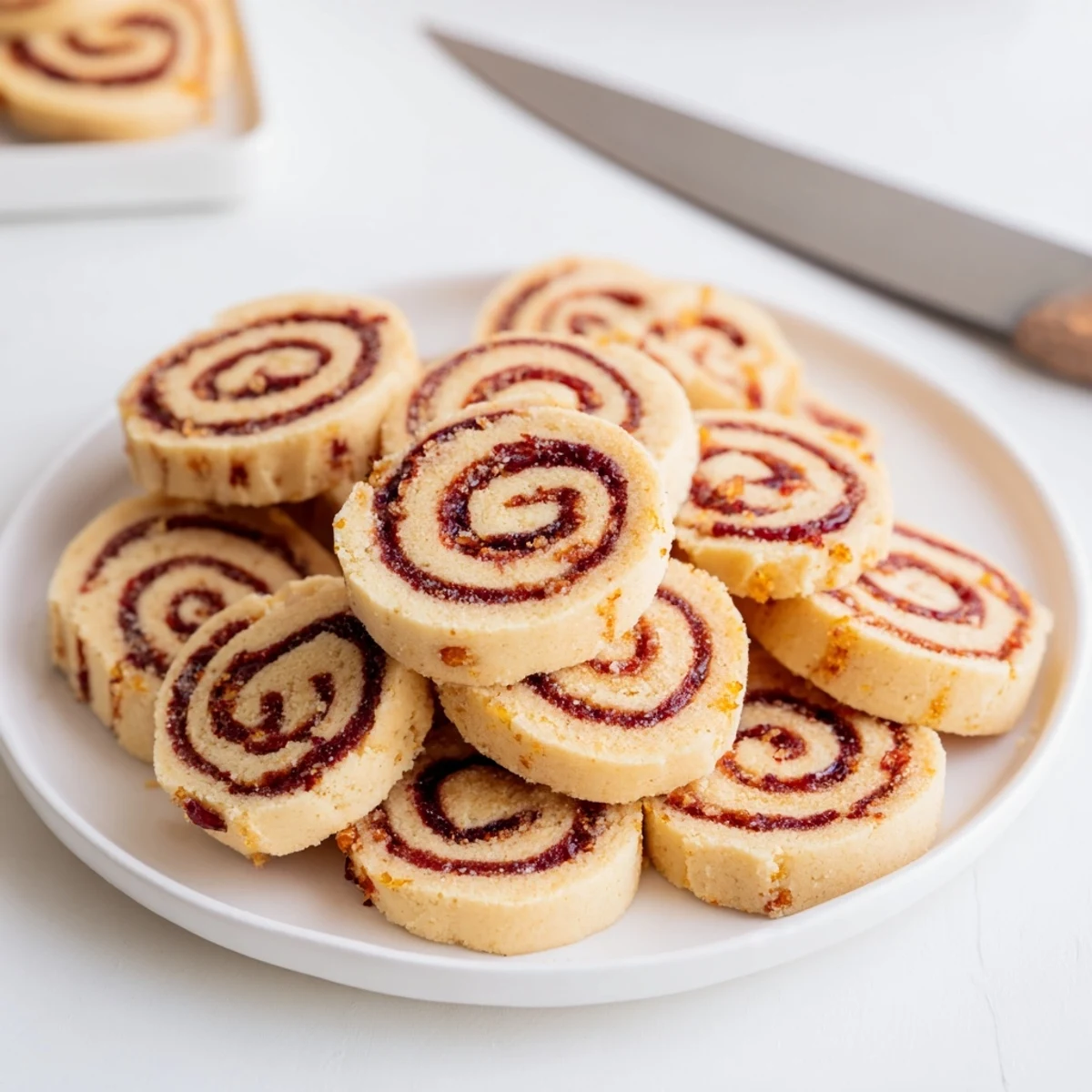 Freshly baked orange cranberry pinwheel cookies displaying beautiful spiral patterns and vibrant cranberry chunks ready for holiday serving