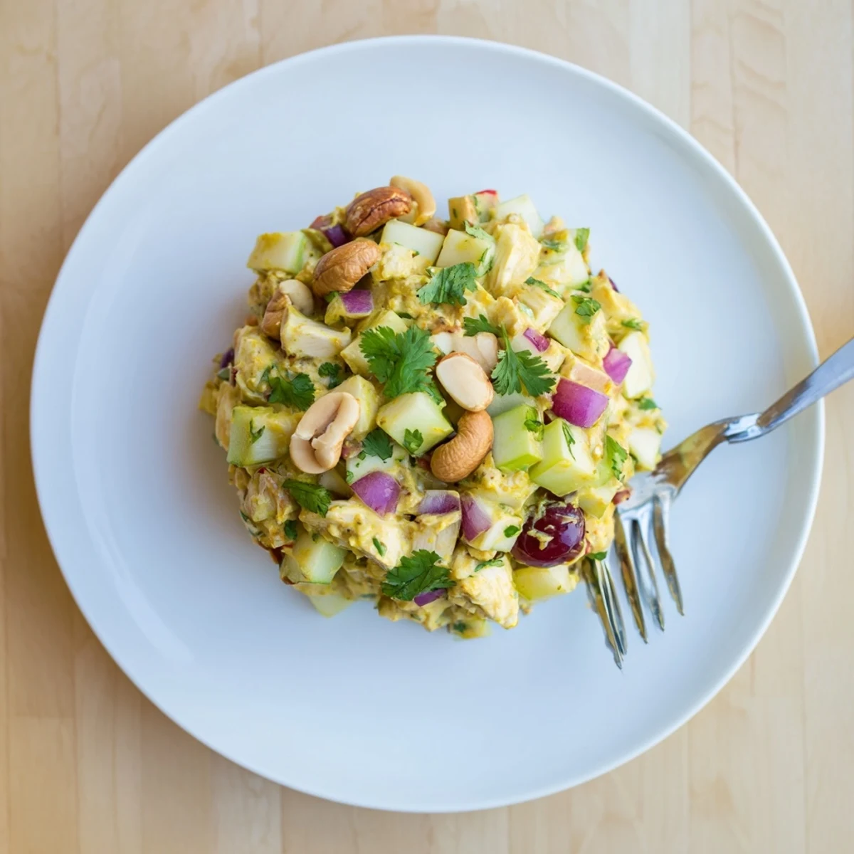 Golden curry chicken salad with tender chunks, crisp celery, sweet grapes, and creamy turmeric-spiced dressing in a rustic bowl
