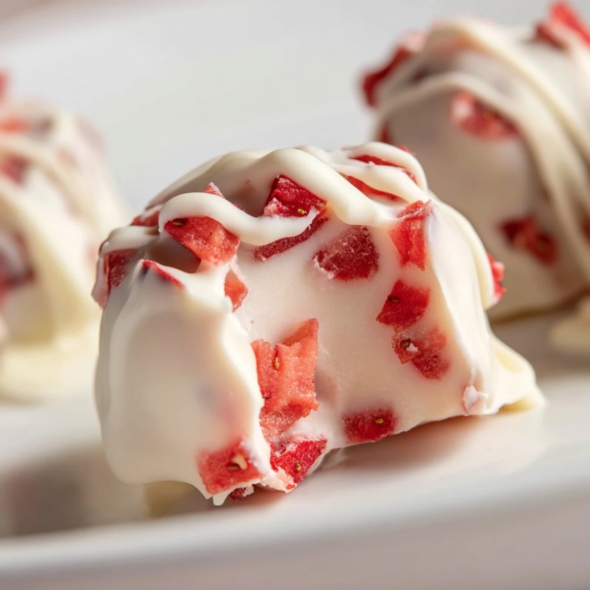 Fresh strawberry high protein yogurt bites on parchment paper, featuring creamy Greek yogurt with red strawberry chunks and optional chocolate drizzle