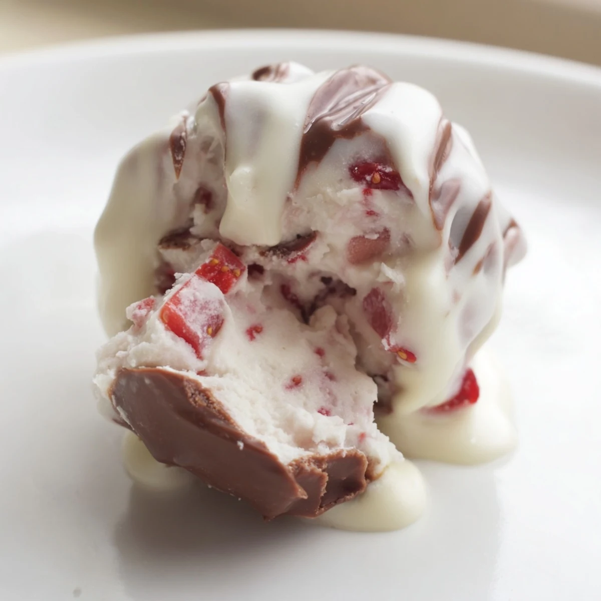 Close-up of strawberry high protein yogurt bites with golden honey drizzle, white chocolate coating, and visible strawberry pieces throughout the creamy protein-rich snack