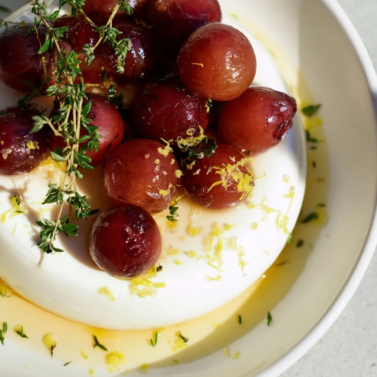 Creamy lemon panna cotta served in glasses with caramelized roasted grapes and fresh grape halves