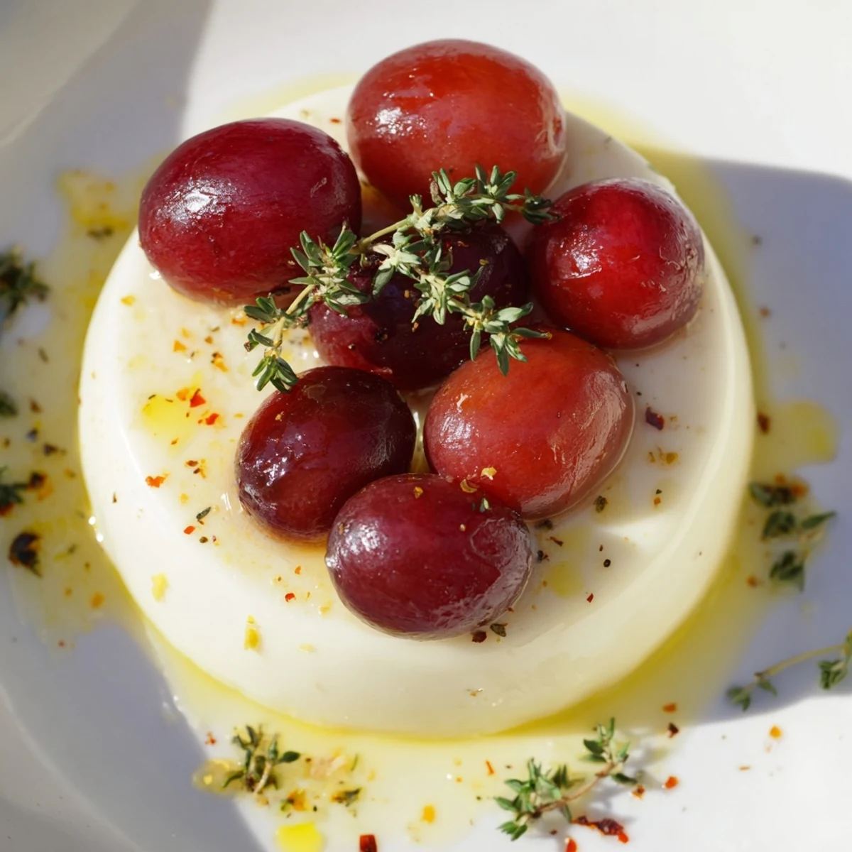 Silky lemon panna cotta topped with fresh and roasted grapes for elegant Italian dessert presentation