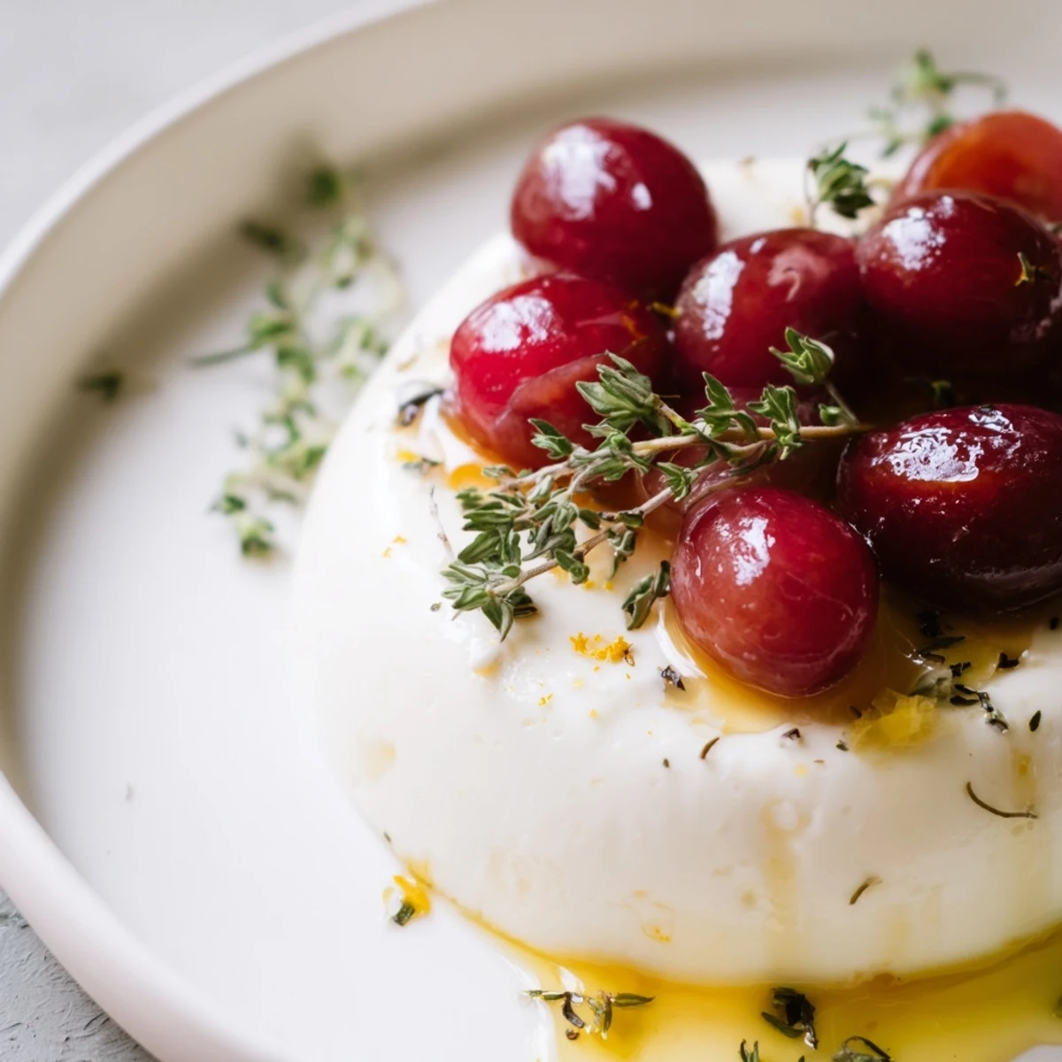 Golden lemon panna cotta dessert garnished with sweet roasted and fresh red grapes on white plate