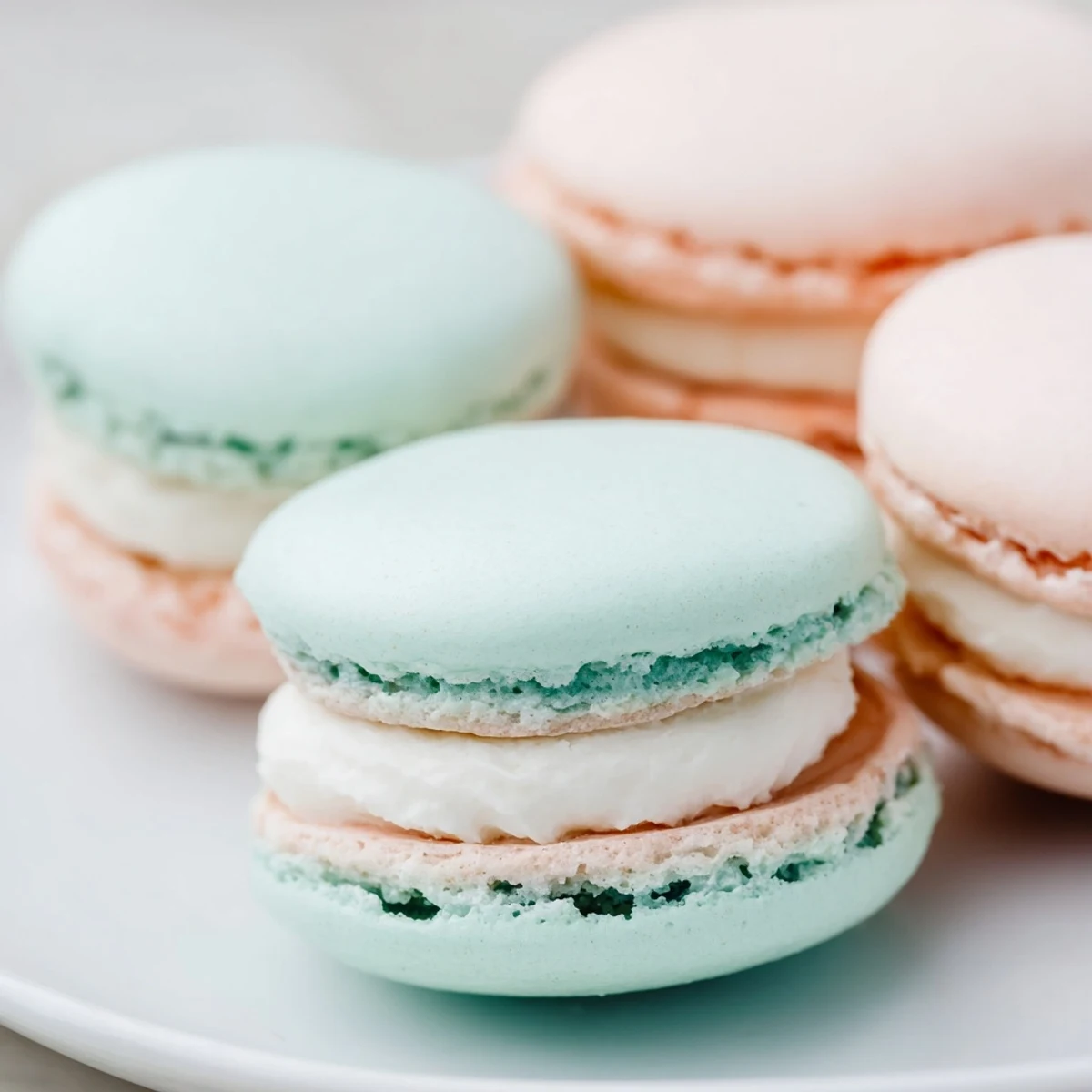 Close up of French macarons showing crisp almond meringue shells with creamy center