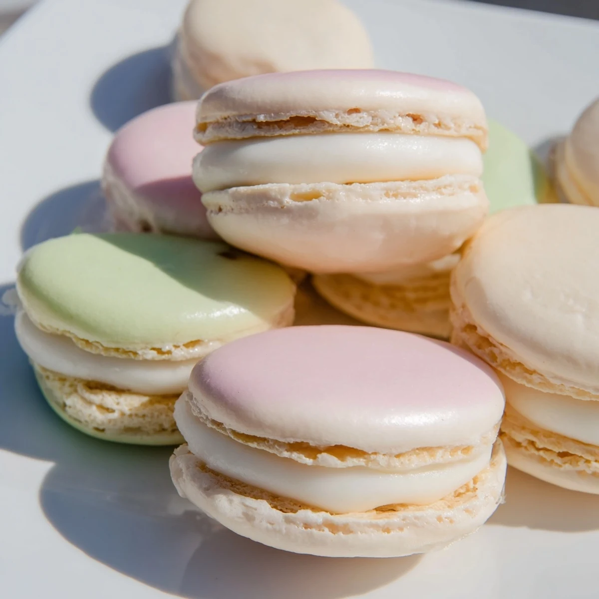 Colorful French macarons with smooth domed shells and ruffled feet on parchment