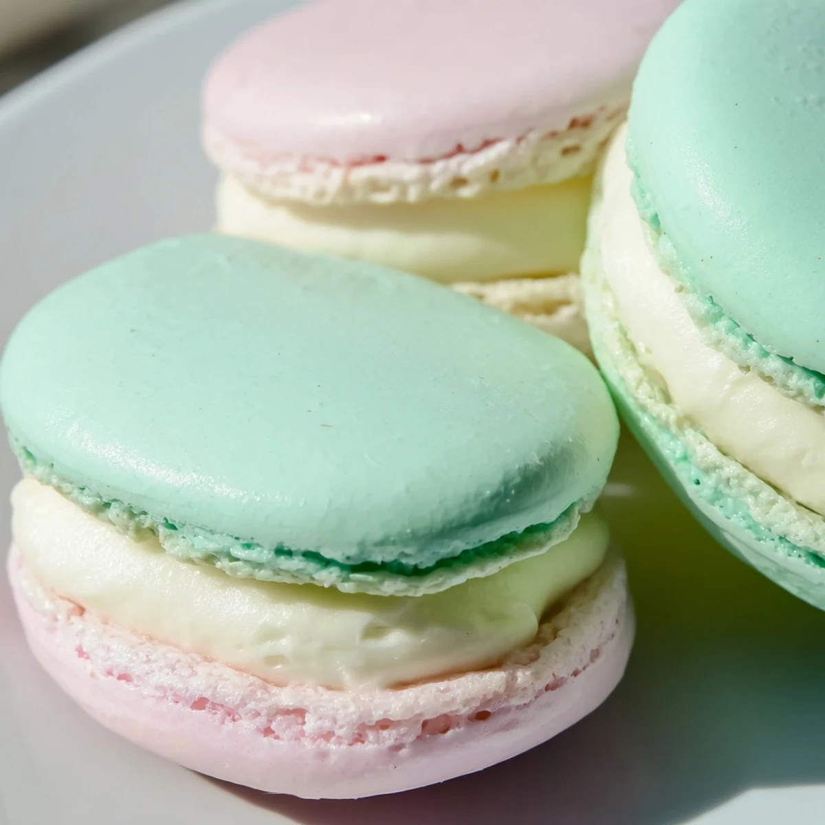 Homemade French macarons sandwiched with vanilla buttercream filling on a white serving plate