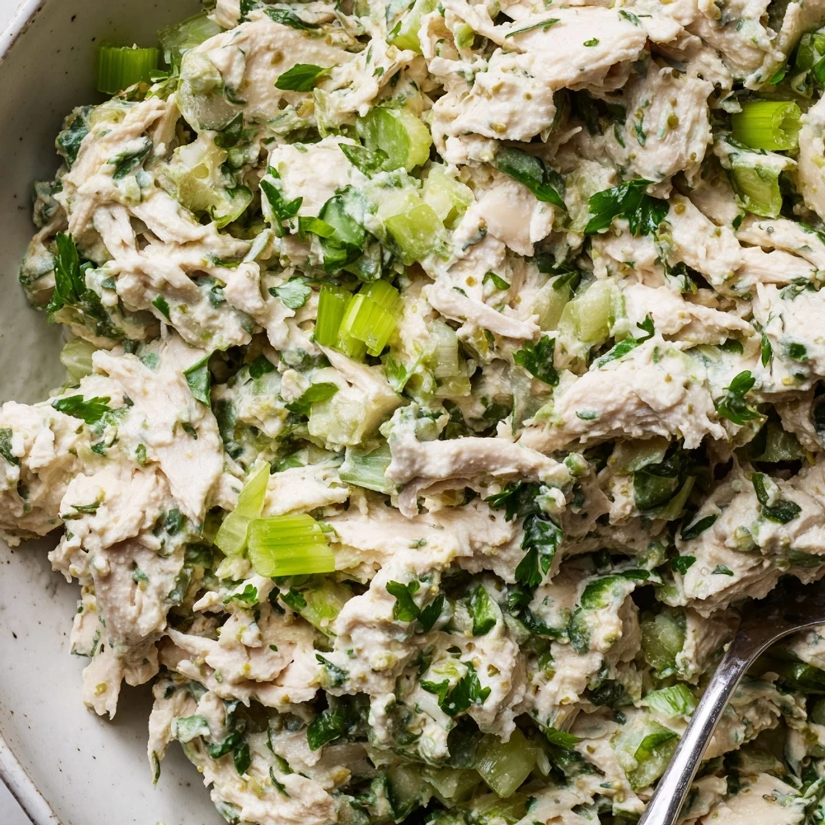 Vibrant green goddess chicken salad dip with chopped chicken and vegetables ready for dipping