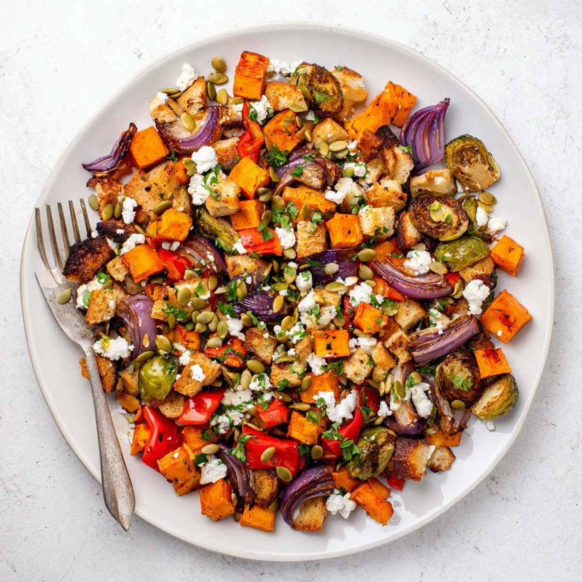 Golden roasted fall vegetables tossed with crusty bread cubes in a vibrant panzanella salad