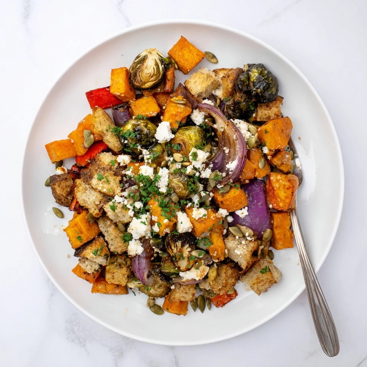 Colorful autumn vegetable panzanella salad with toasted sourdough and tangy vinaigrette dressing