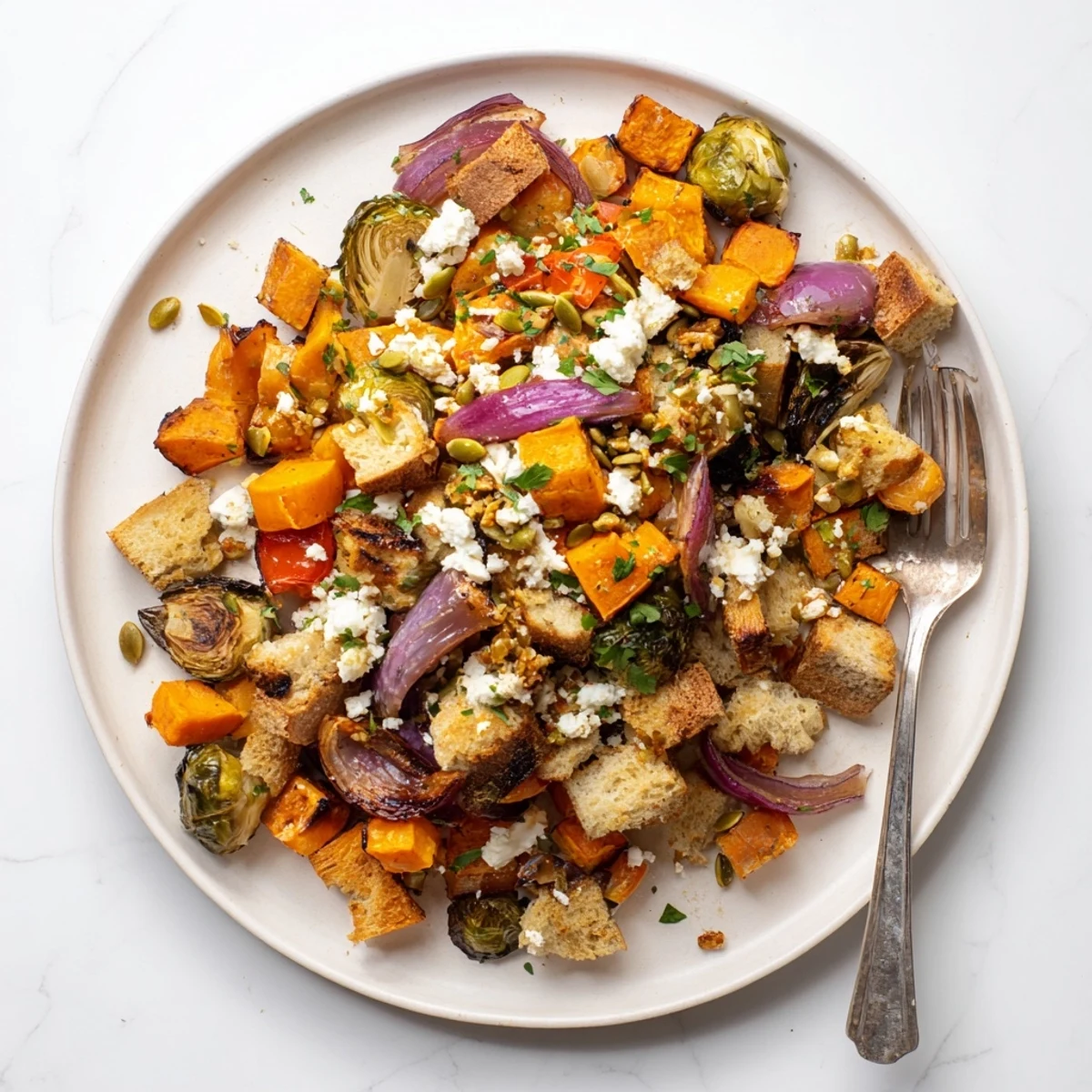 Hearty roasted vegetable panzanella topped with fresh parsley and pumpkin seeds on a rustic wooden board