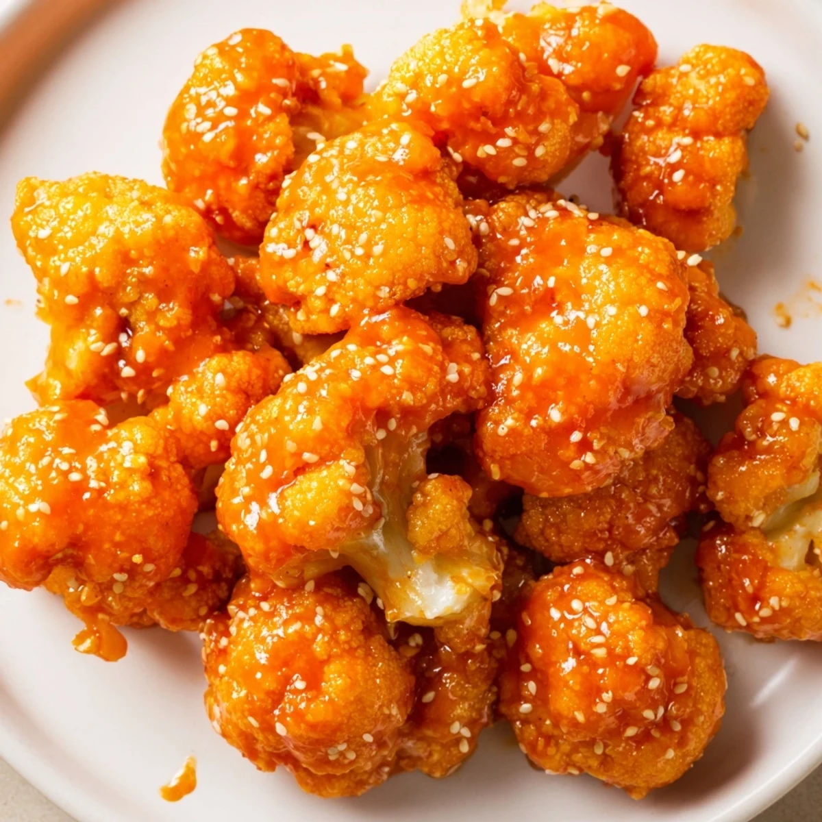 Golden crispy Buffalo cauliflower bites coated in spicy red sauce on white plate