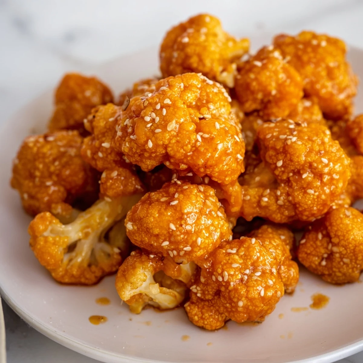 Spicy orange glazed Buffalo cauliflower bites served with ranch dipping sauce in bowl