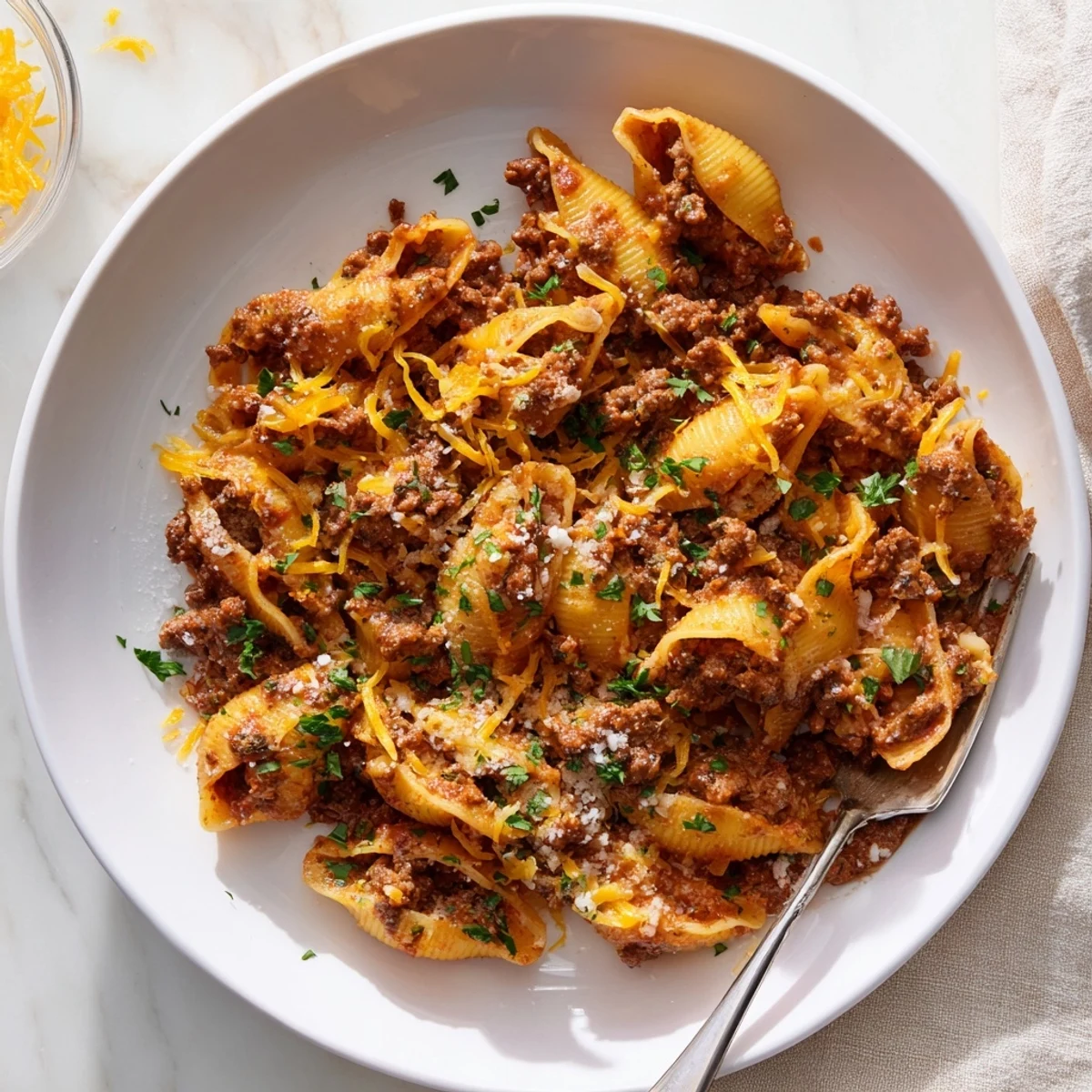 Steaming plate of tender pasta shells in rich tomato cream sauce with savory ground beef and grated Parmesan