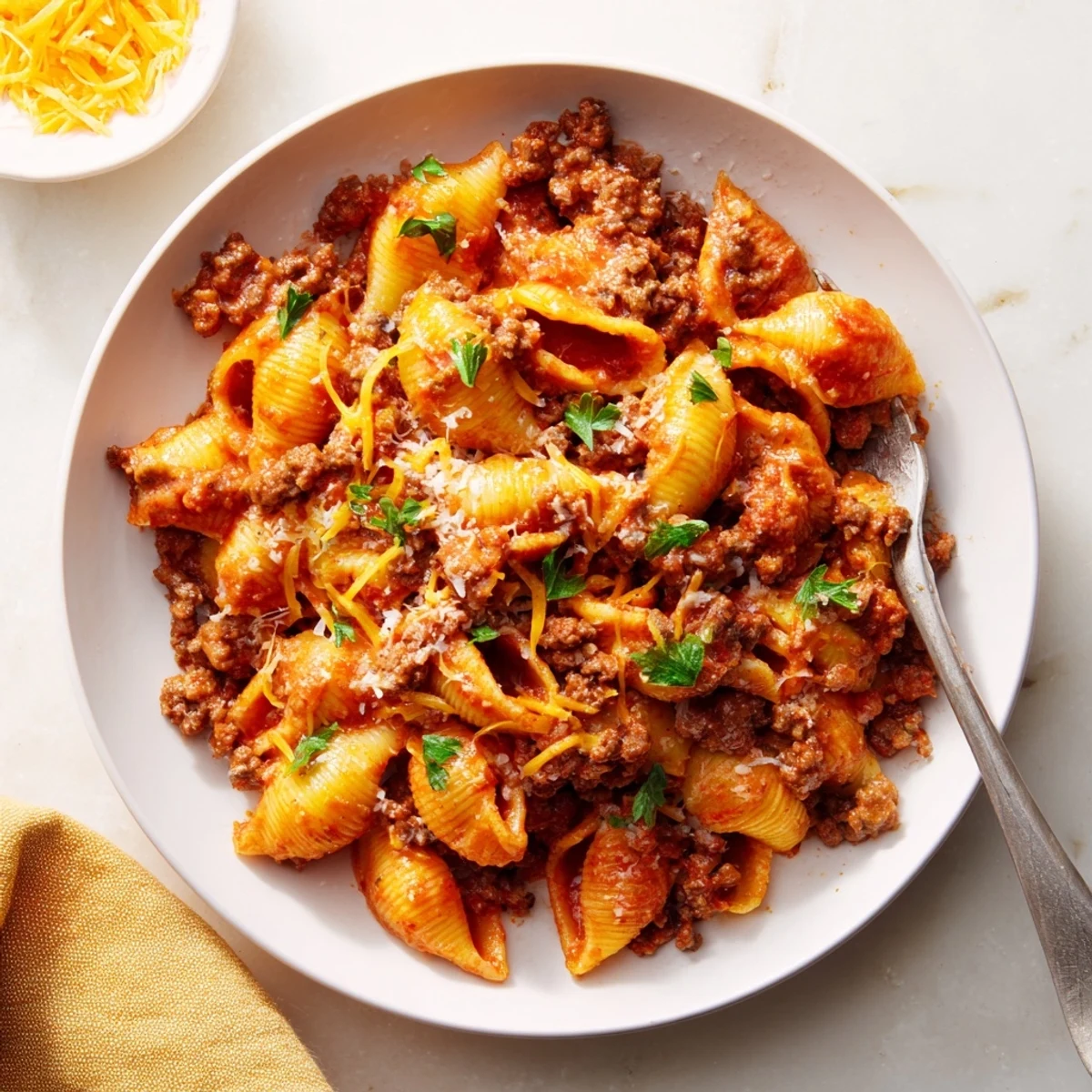 Creamy one pot beef shells pasta topped with melted cheddar and fresh parsley in a rustic serving bowl