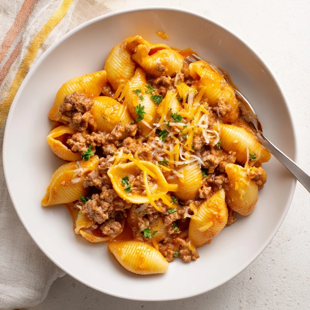 Close up of cheesy beef shells showing thick creamy coating on pasta with Italian seasoning garnish