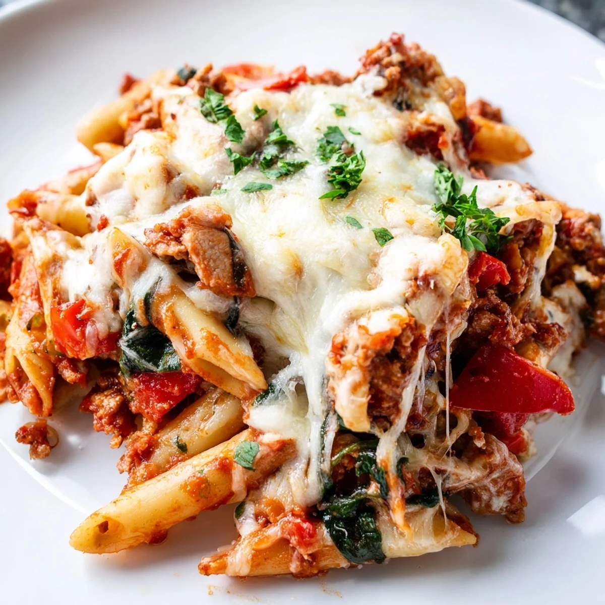 Golden cheesy homemade ground turkey pasta bake with bubbling mozzarella and fresh basil garnish