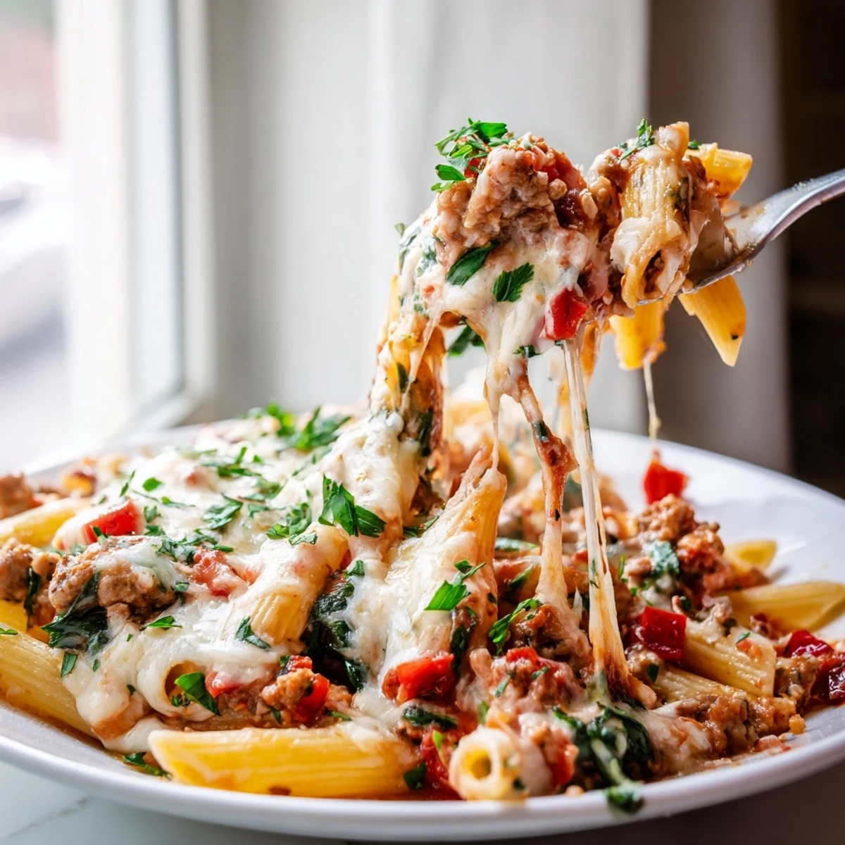Comforting casserole dish of lean turkey pasta bake topped with melted Parmesan and herbs