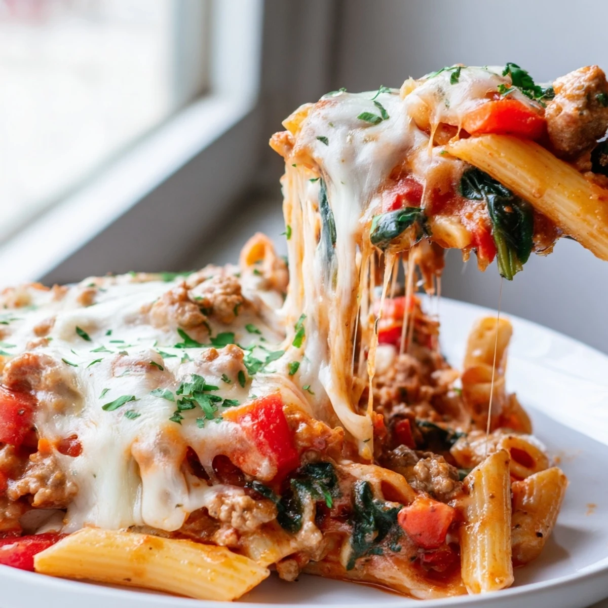 Family-friendly ground turkey pasta bake bubbling hot with red pepper and melted cheese layers