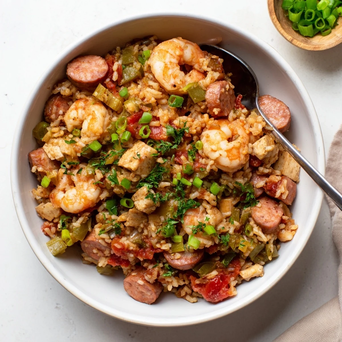One Pot Cajun Jambalaya featuring tender shrimp, andouille sausage, and chicken in spicy red rice.