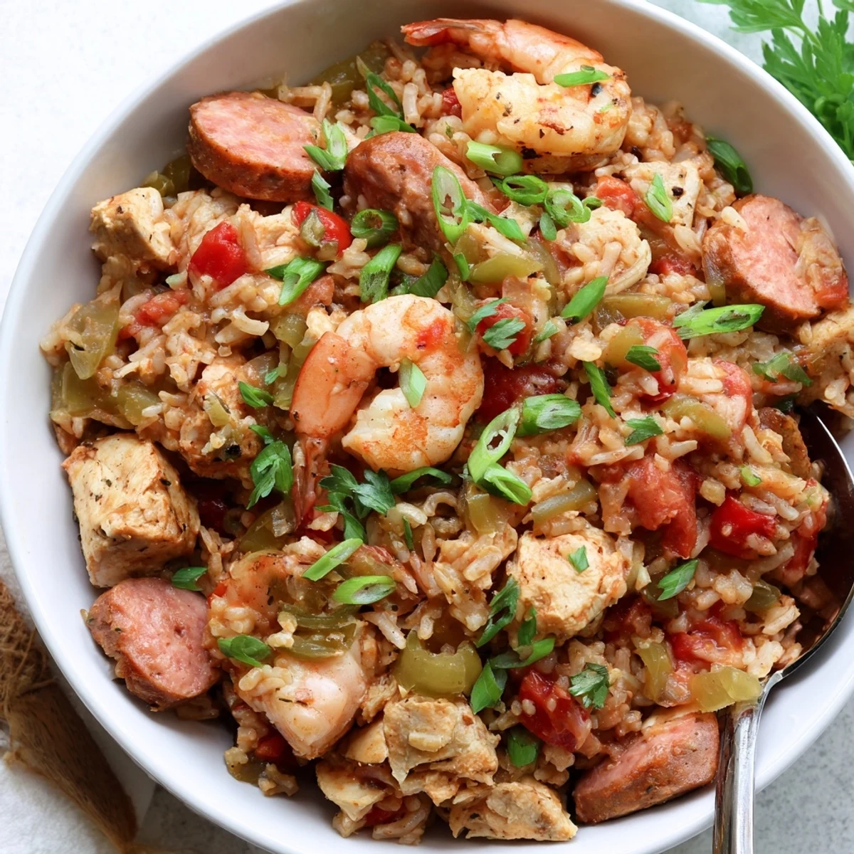 Savory One Pot Cajun Jambalaya garnished with fresh scallions and parsley, served with lemon wedges.