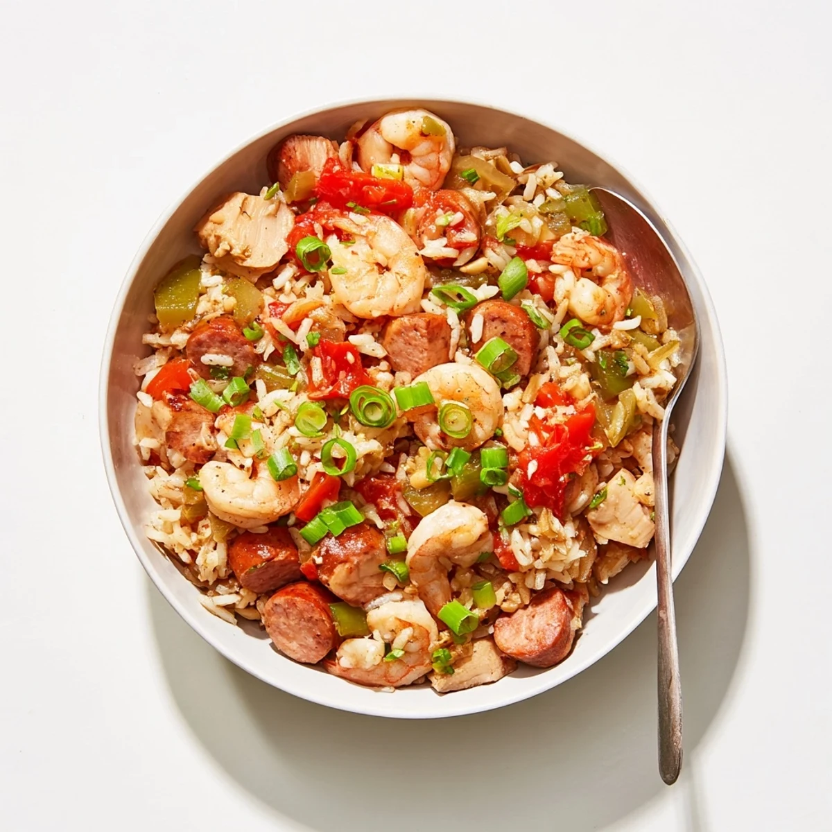 Hearty One Pot Cajun Jambalaya showcasing colorful bell peppers, plump shrimp, and sliced andouille sausage.
