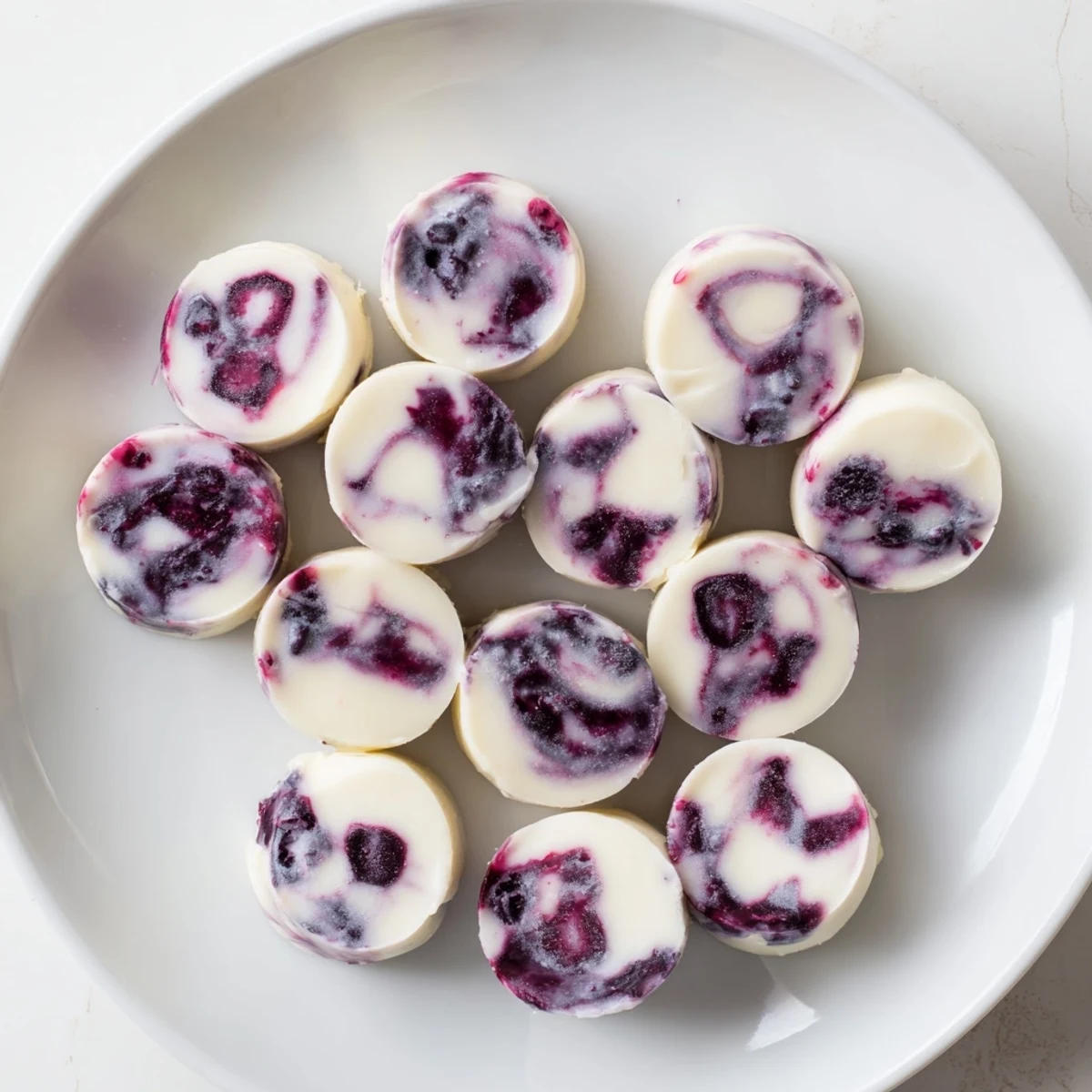 Creamy blueberry swirl yogurt bites with purple berry ribbons on a white plate