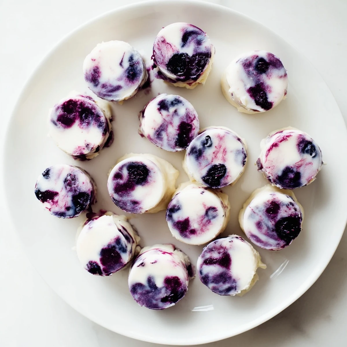 Frozen Greek yogurt bites featuring vibrant blueberry swirl patterns on parchment paper