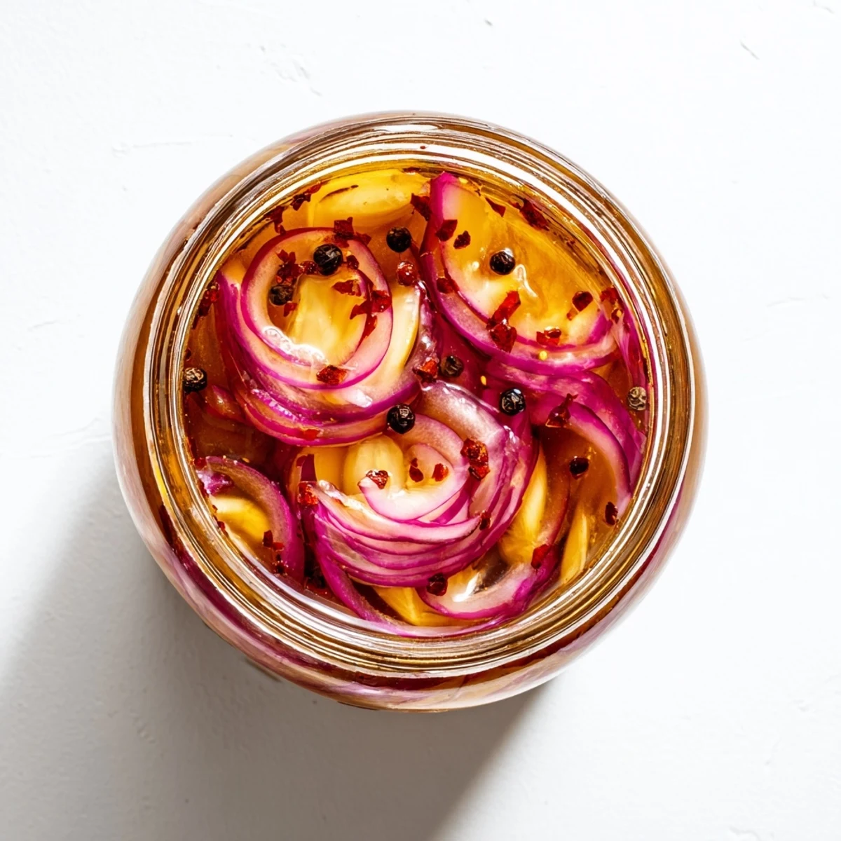 Glass jar filled with vibrant hot honey pickled red onions submerged in golden brine