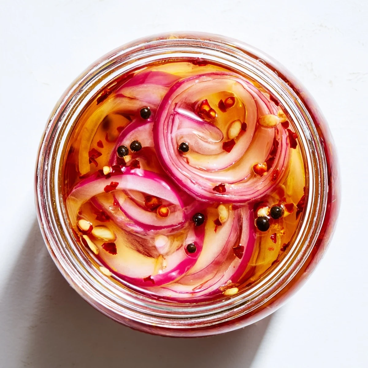 Close-up of tangy hot honey pickled red onions packed in clear glass jar with spices