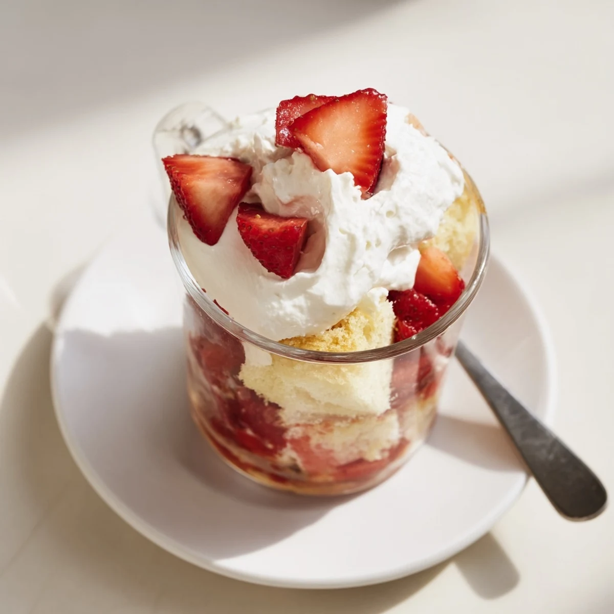 Individual Valentine's strawberry shortcake cups layered with golden cake, juicy berries, and fresh whipped cream