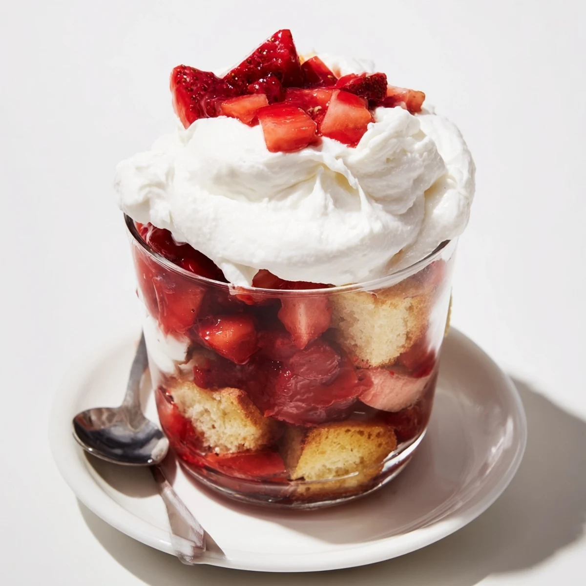 Romantic strawberry shortcake cups featuring tender biscuits, sweet macerated fruit, and fluffy white cream topping