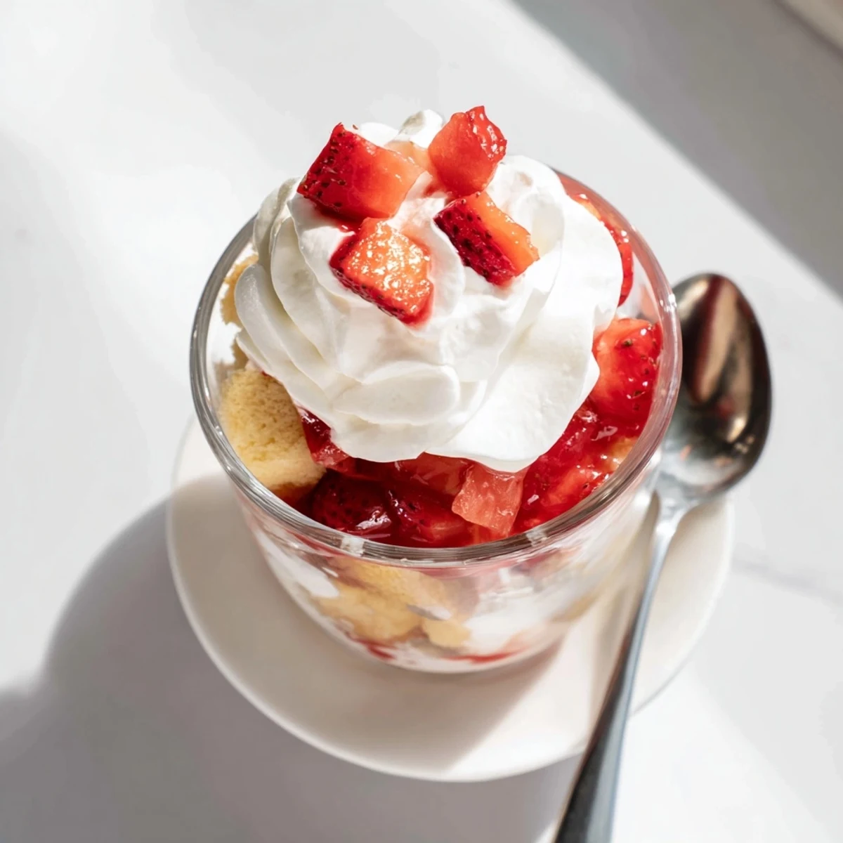 Heart-shaped dessert cups stacked with buttery shortcake, red strawberry slices, and vanilla whipped cream layers