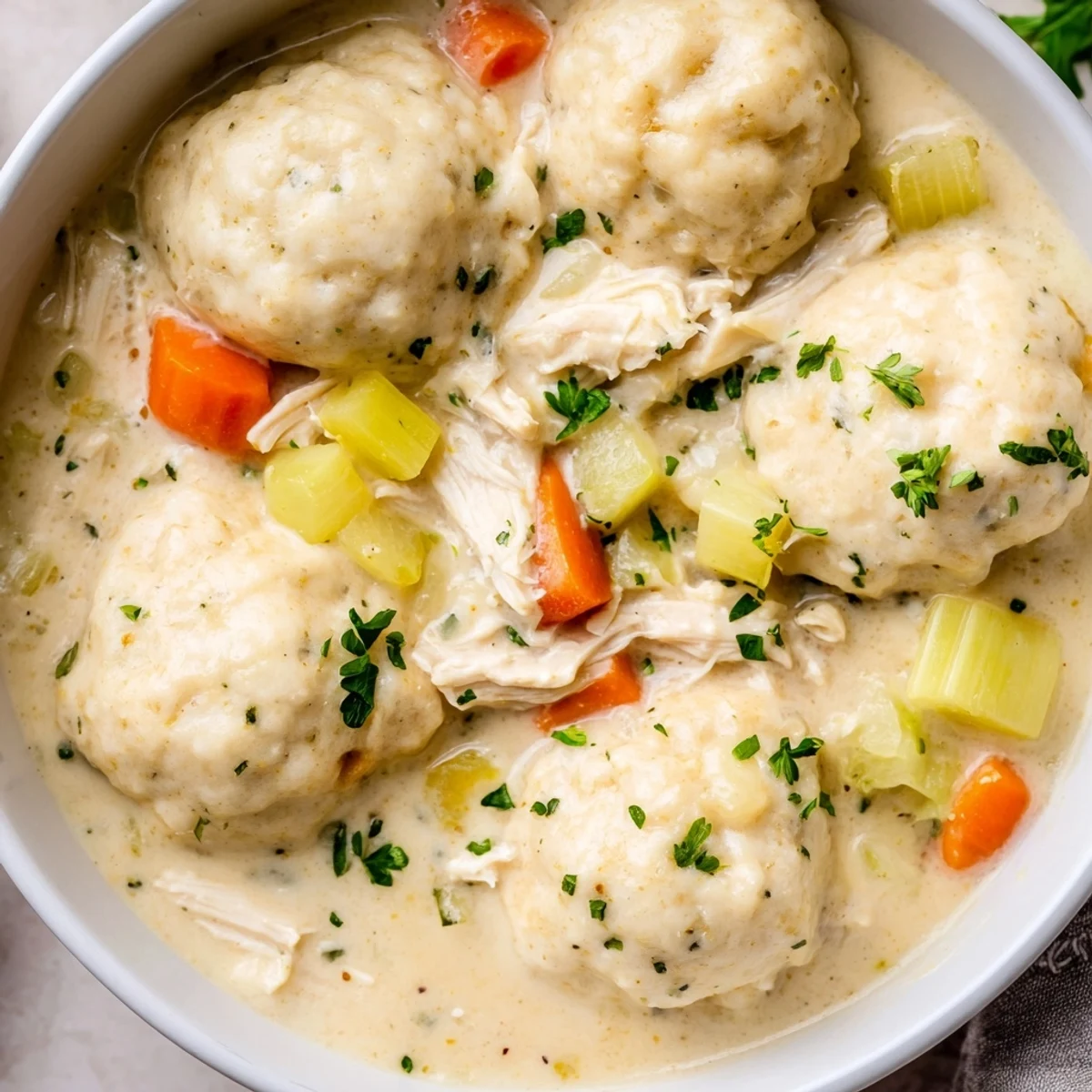Golden biscuit dumplings simmer atop tender shredded chicken in a rich creamy broth