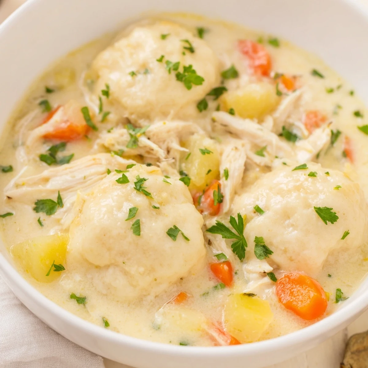 Fluffy homemade dumplings steam in a bowl of classic chicken and dumplings soup