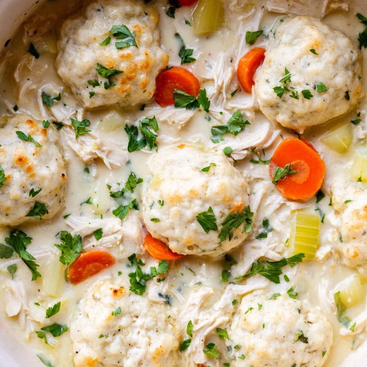 Comforting chicken and dumplings features fluffy biscuits floating in a savory cream broth