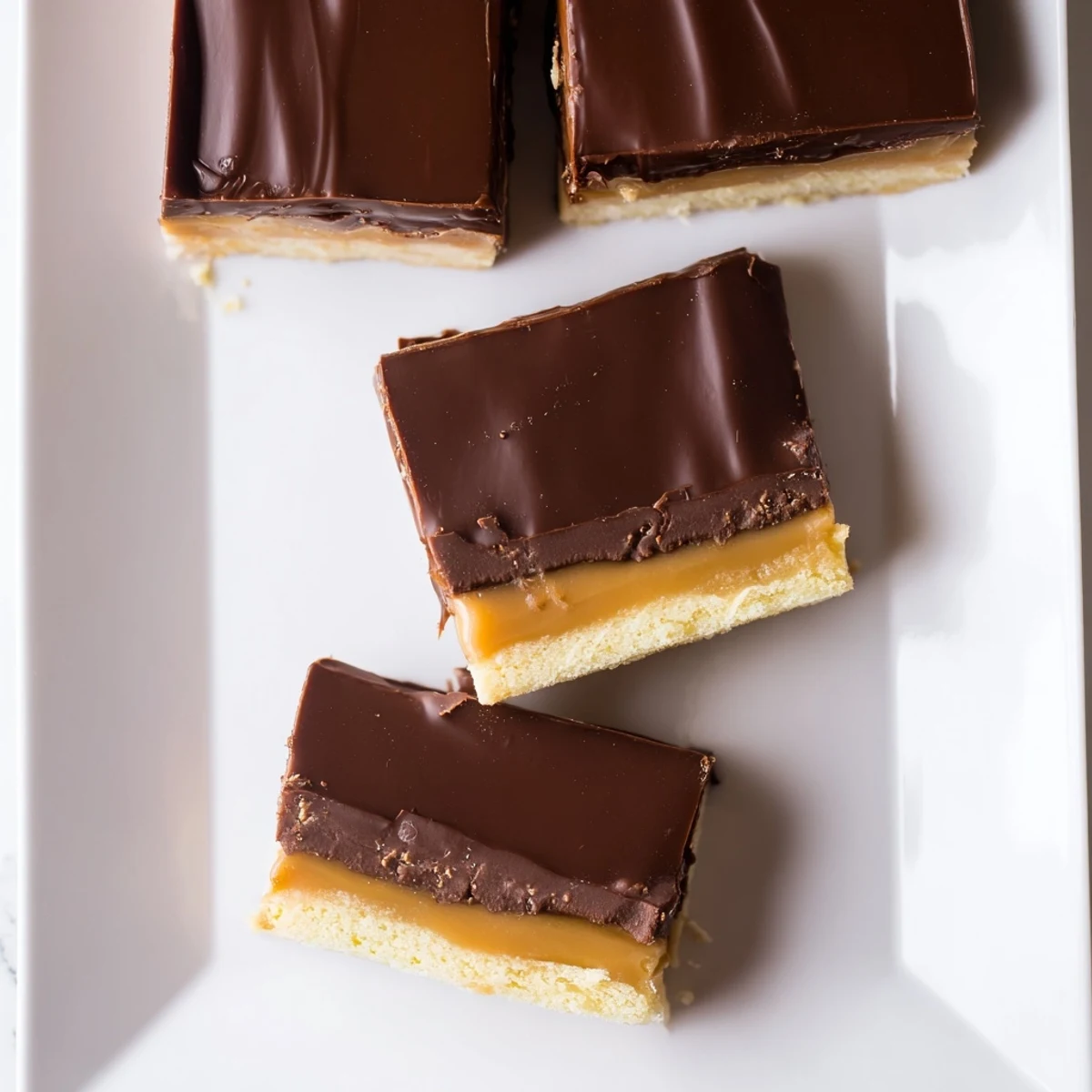 Close-up of Twix candy bar copycat recipe showing three delicious layers of shortbread caramel and chocolate