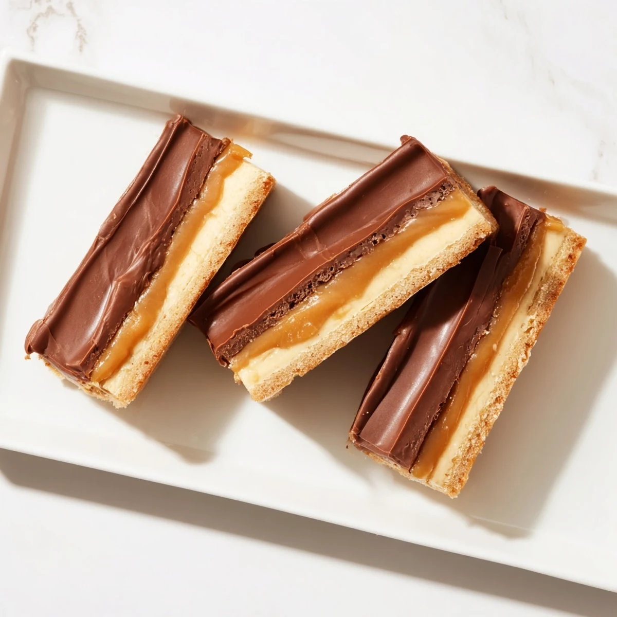 Homemade Twix dessert bars stacked on a serving plate with rich chocolate and caramel layers
