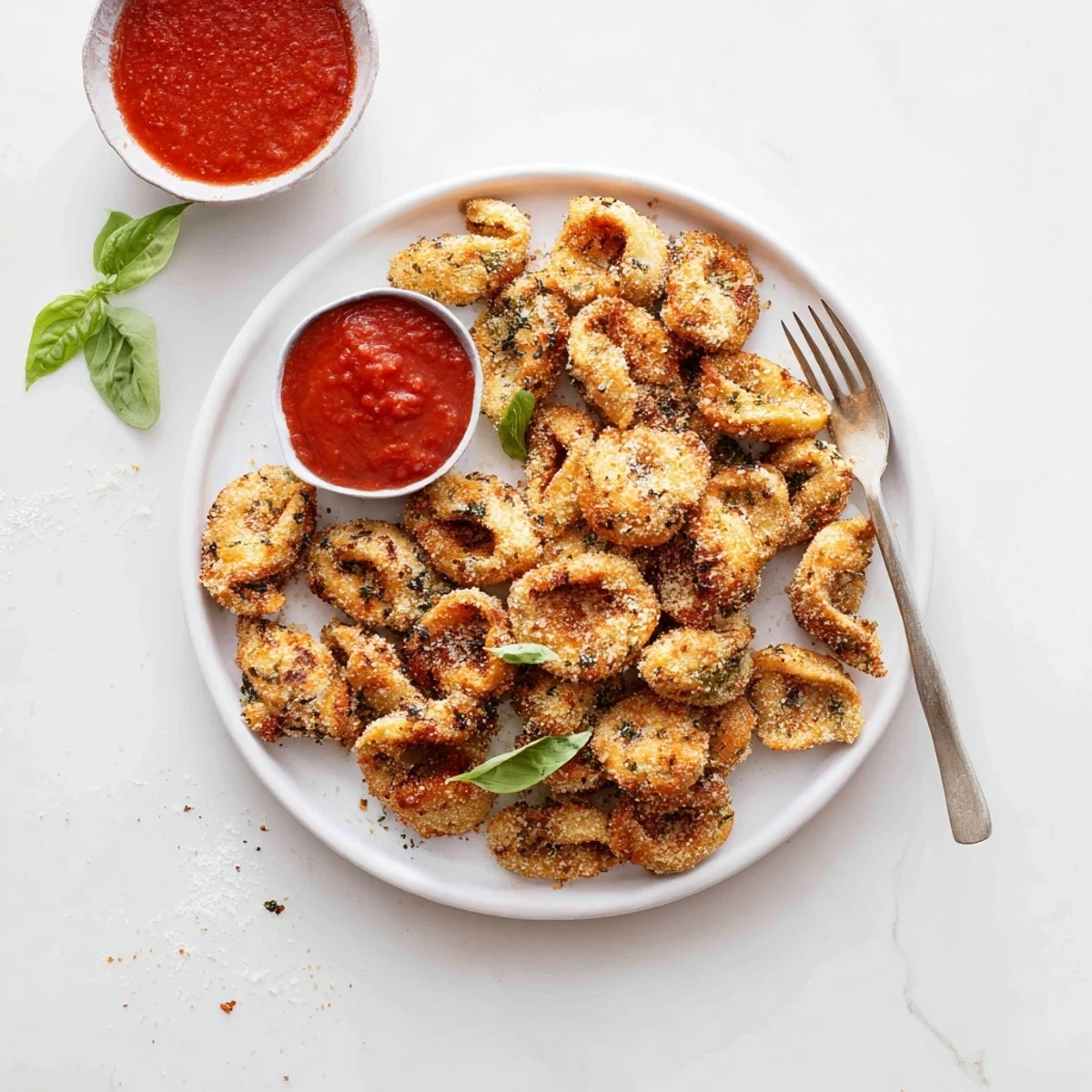 Golden air fryer tortellini arranged on a white platter with red marinara dipping sauce