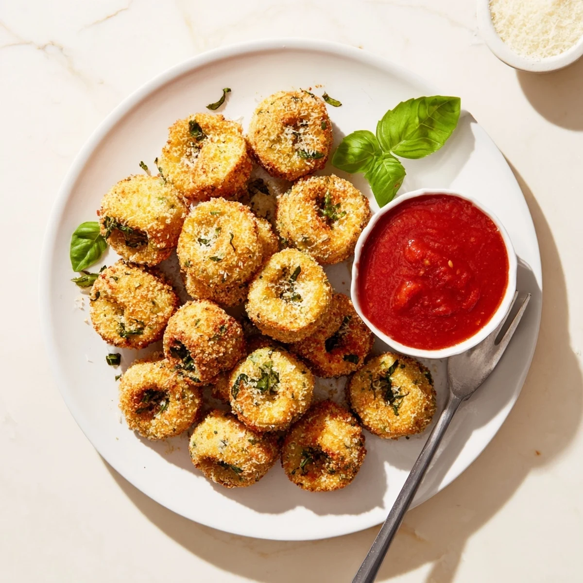 Close-up of crunchy parmesan-coated tortellini bites served with warm marinara and fresh basil