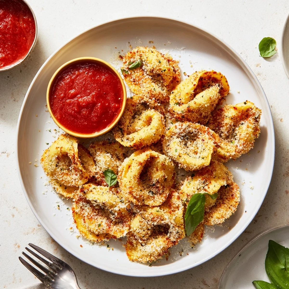 Crispy breaded tortellini fresh from the air fryer basket with steam rising