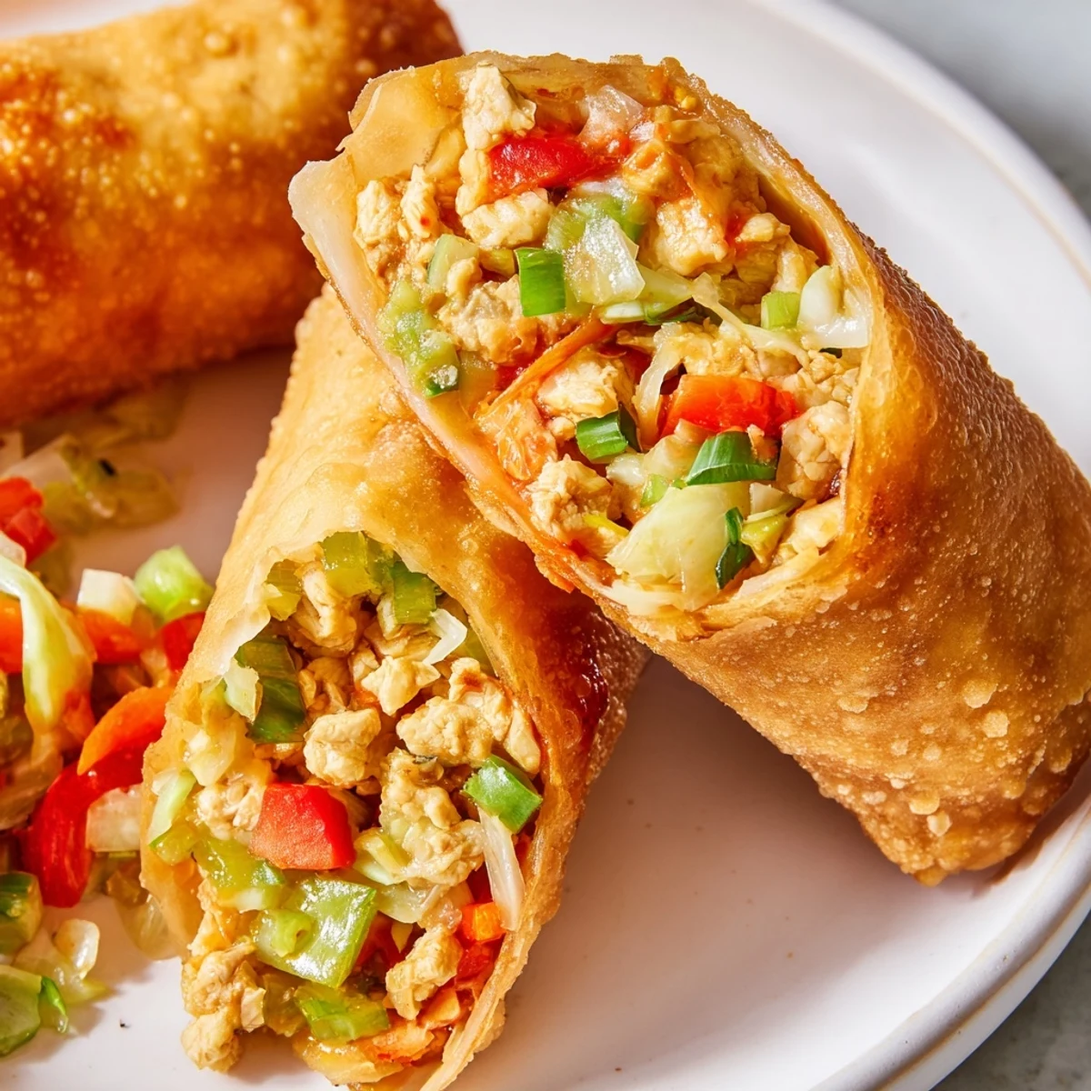 Plate of warm Voodoo Egg rolls showcasing golden wrapper and seasoned Cajun chicken filling
