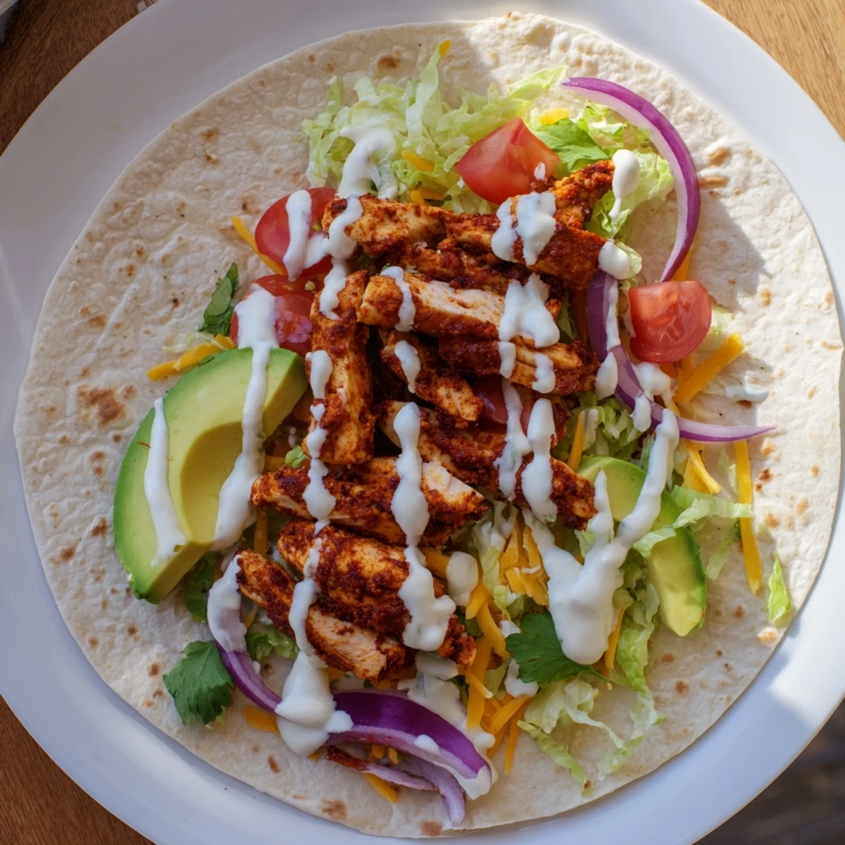 Golden tortilla wrap rolled with sliced spicy chicken, fresh avocado, lettuce, and zesty sriracha sauce