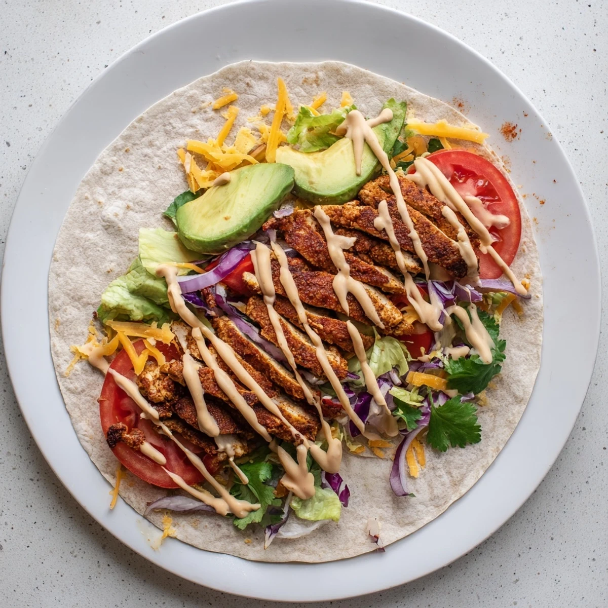 Cut open spicy chicken avocado wrap revealing colorful layers of seasoned meat, cheese, and crisp vegetables