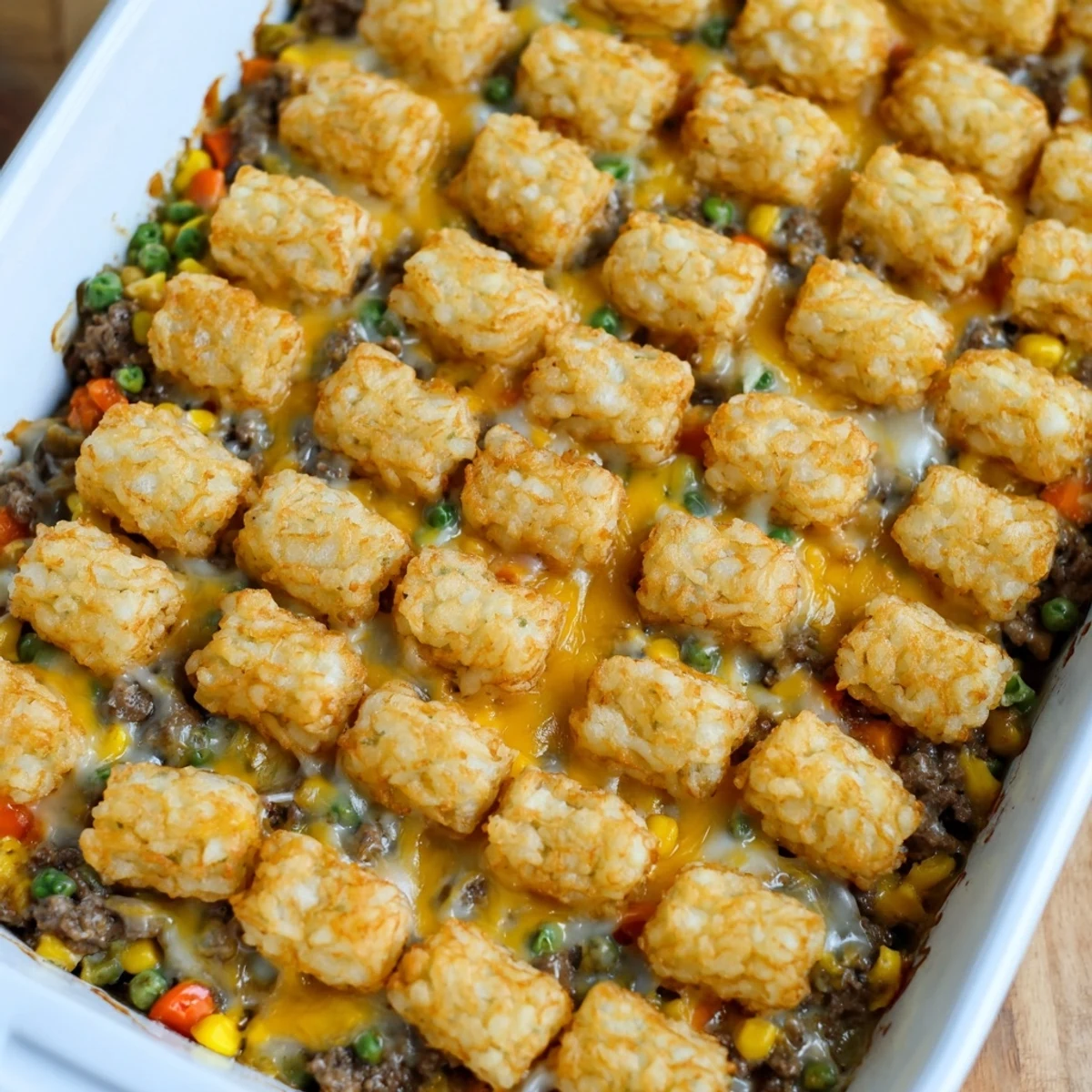 Golden crispy tater tots topping a savory ground beef and cheddar cheese casserole bubbling hot