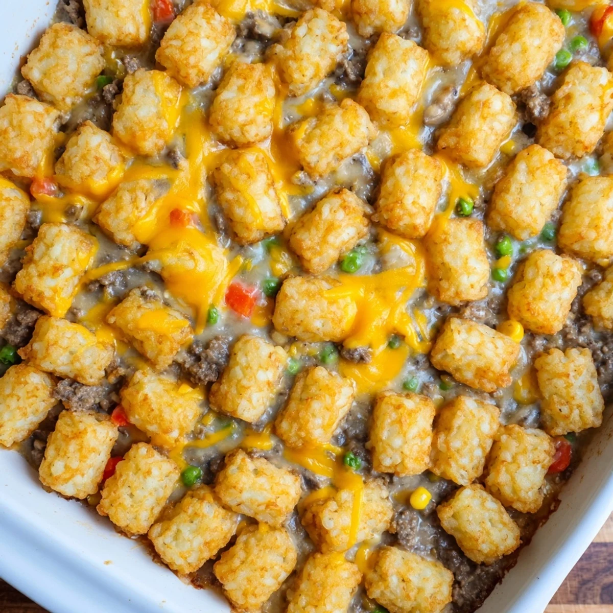 Family-style cheesy ground beef tater tot casserole with melted cheese and crispy potato tots