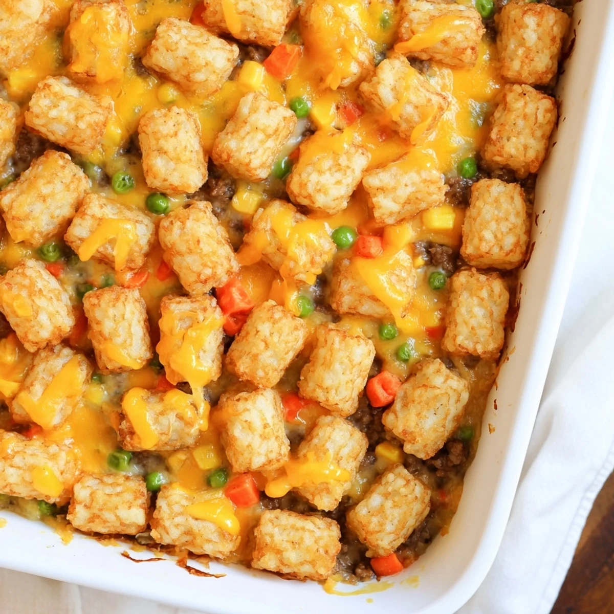Comforting cheesy ground beef tater tot casserole fresh from the oven with golden brown tots