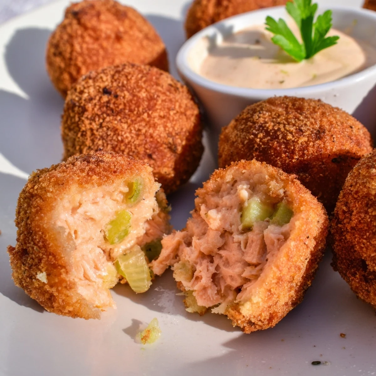 Golden brown Southern salmon croquettes arranged on a white plate with zesty remoulade dipping sauce